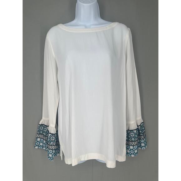 Loft Top Womens XS White Blue Embroidered Flowy Bell Sleeve Boho Bohemian - Picture 1 of 8